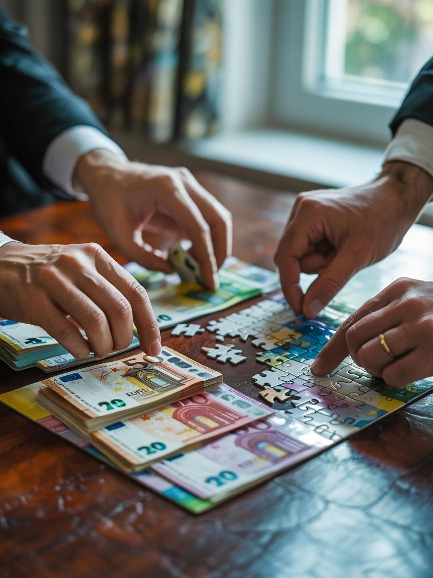 Manos completando un puzzle sobre billetes de euro simbolizando salarios y resultados en hostelería
