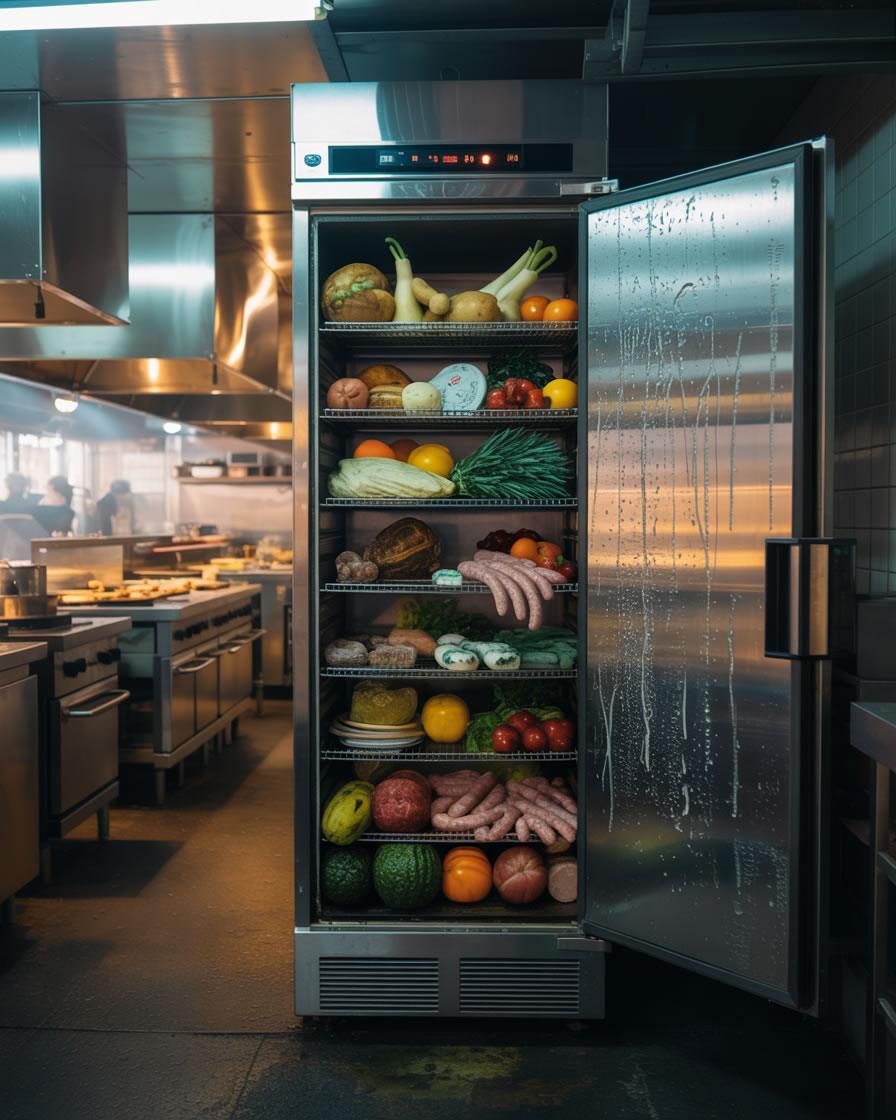 Cámara frigorífica mal ubicada en cocina de restaurante, expuesta a calor y vapor, con puerta abierta y sin cortinas cortafríos.
