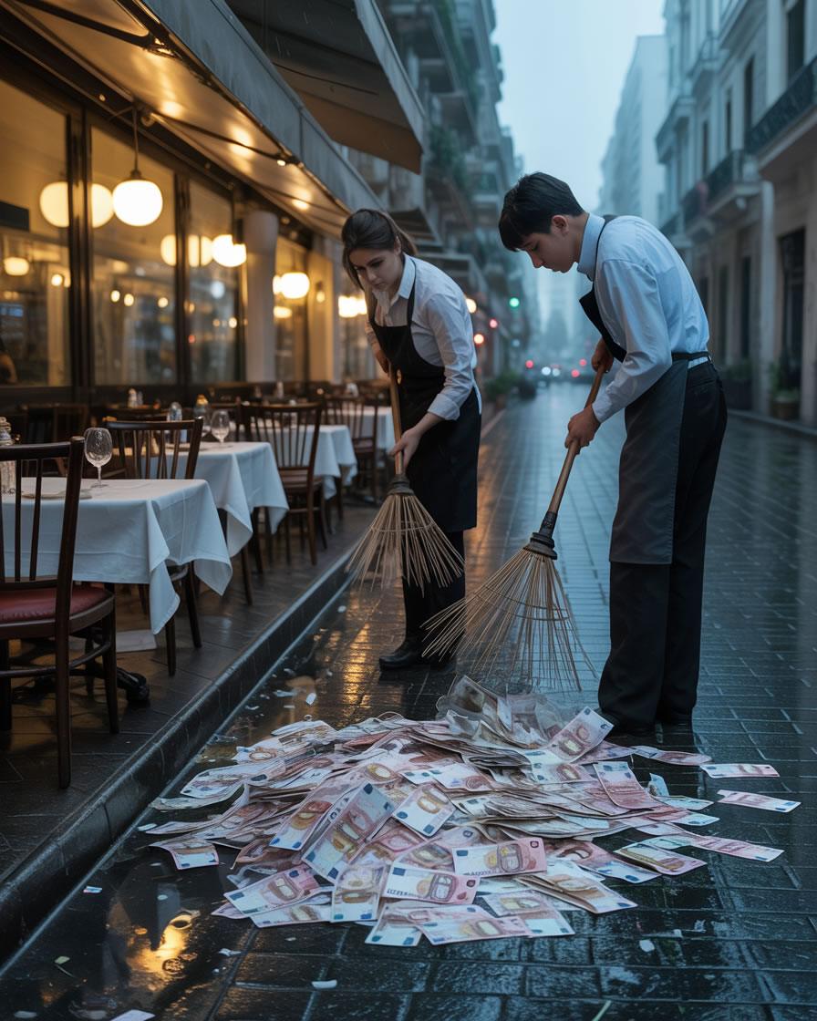 Camareros barriendo billetes en la calle junto a un restaurante.