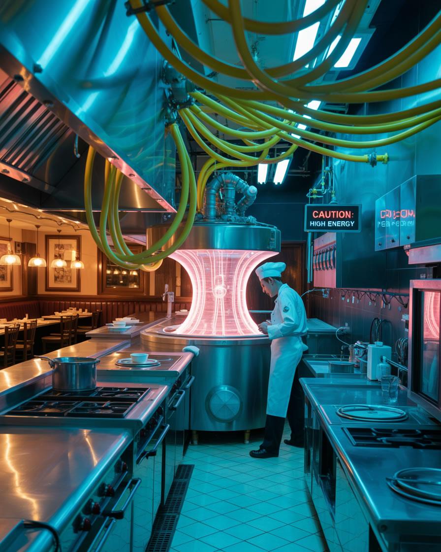 Cocinero en una cocina profesional con exceso de energía encendida, simbolizando el alto coste eléctrico en restaurantes.
