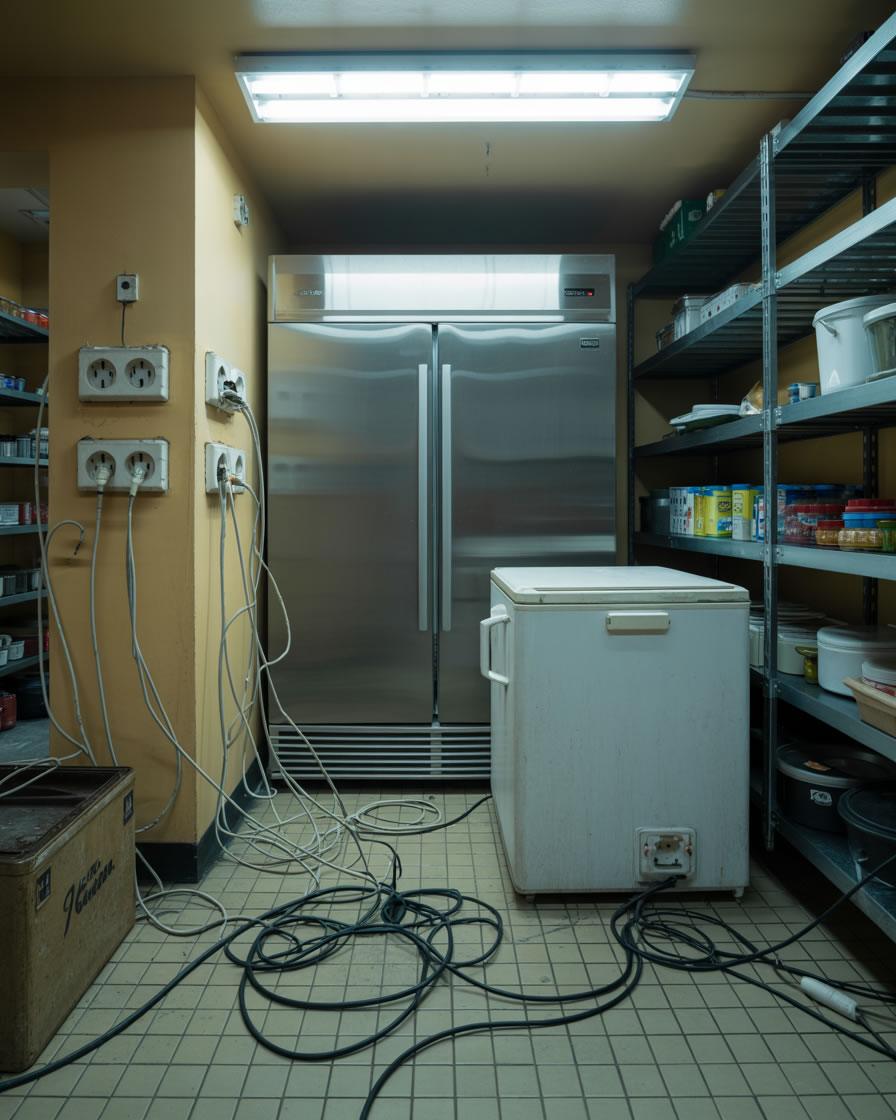 Cámara frigorífica y congeladores en restaurante, mostrando el sobredimensionamiento y desperdicio energético en hostelería.