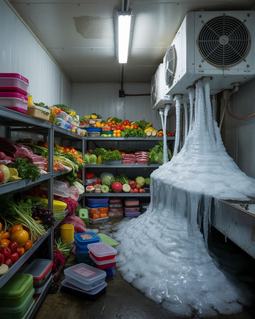 Cámara frigorífica con evaporador lleno de hielo y frutas almacenadas, ejemplo de mal mantenimiento en hostelería.