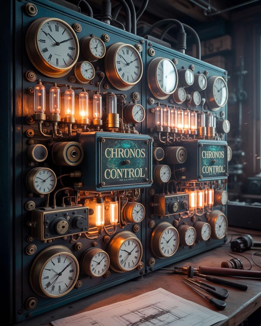 Panel de control con relojes y luces, simbolizando la gestión de horarios y consumo energético en restaurantes.