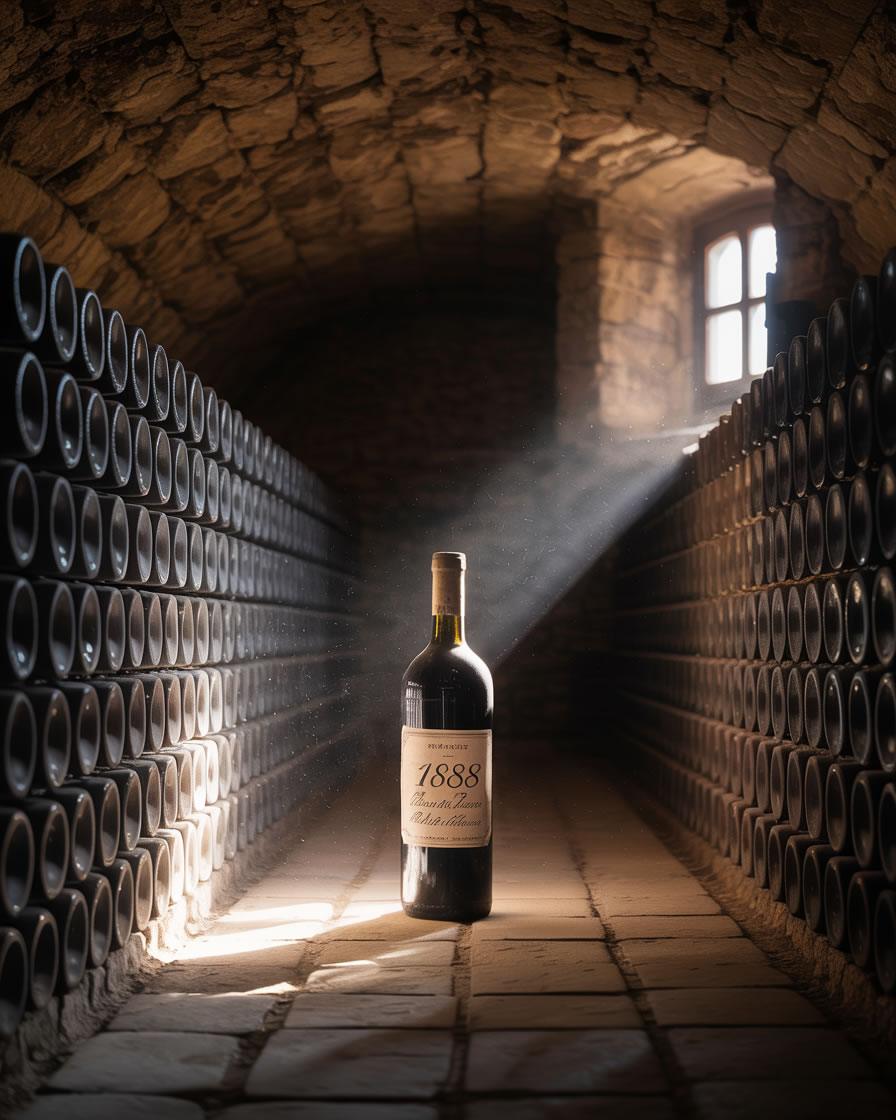 Ampolla de vi il·luminada enmig d’un celler antic amb parets de pedra.