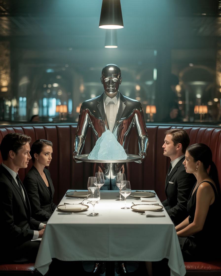 Robot cambrer servint un plat fred a una taula de clients elegants.