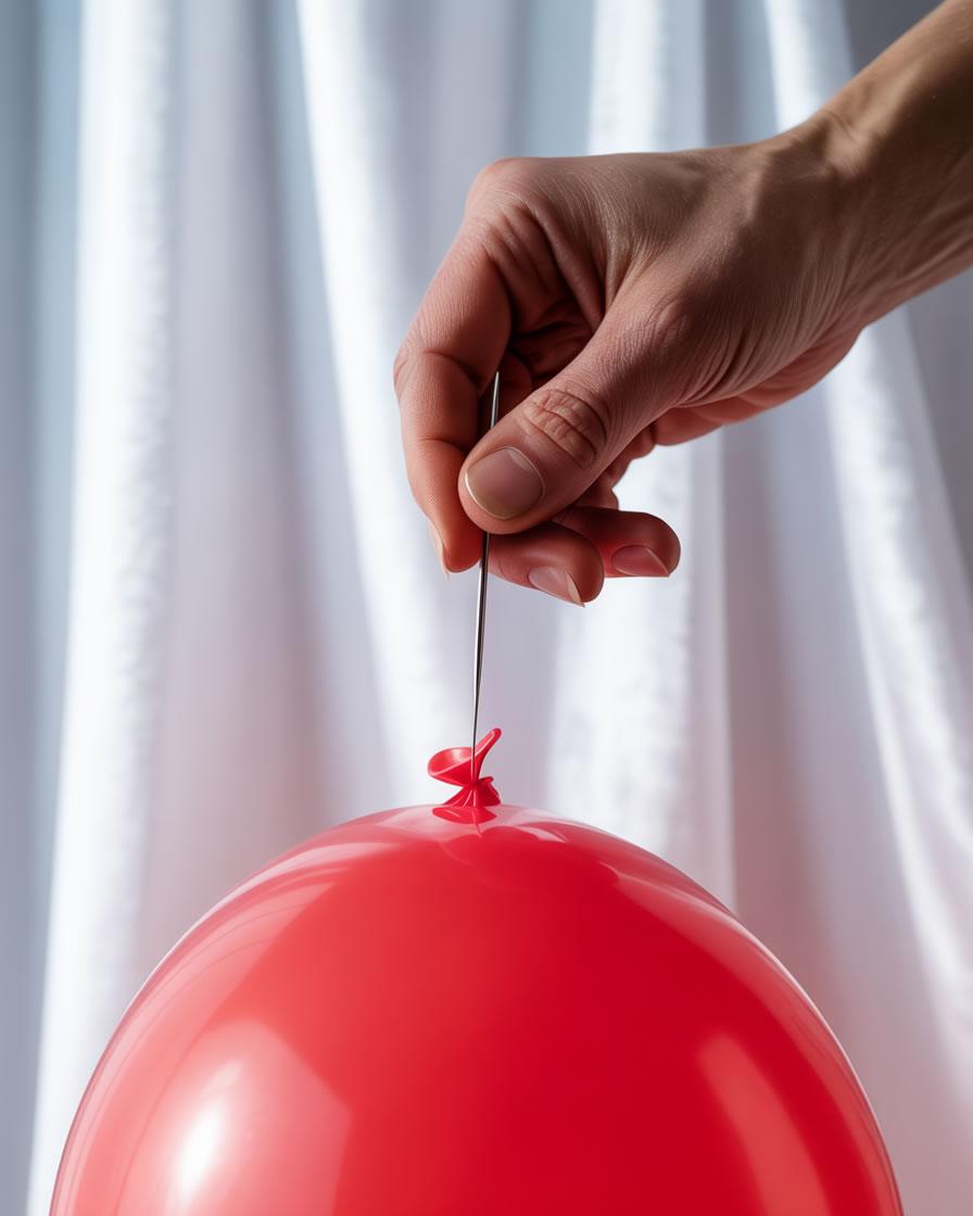 Mano con aguja a punto de pinchar un globo rojo.