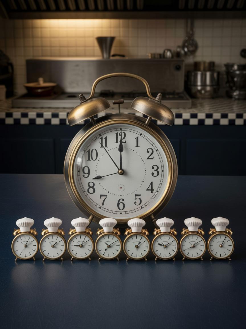 Reloj grande con varios relojes pequeños simbolizando la gestión de horarios en hostelería