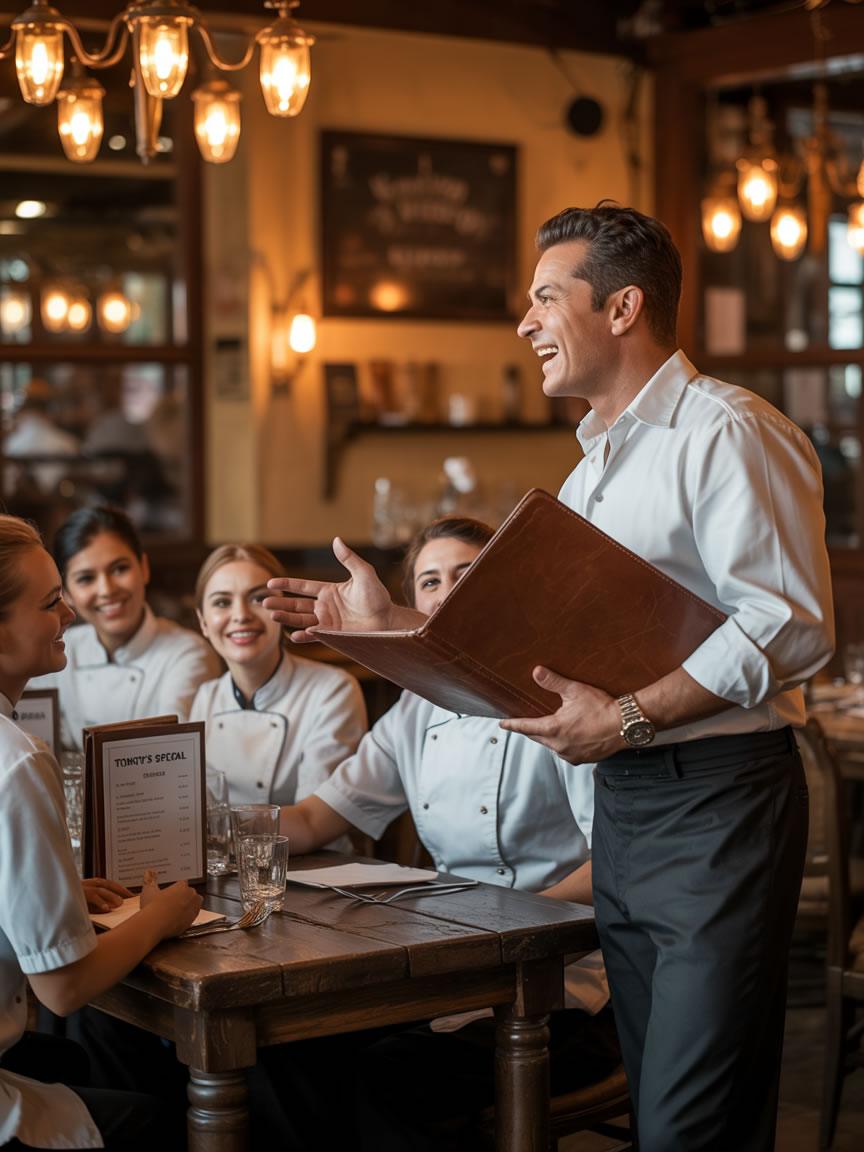 Gerente haciendo un briefing con camareros antes del servicio en un restaurante