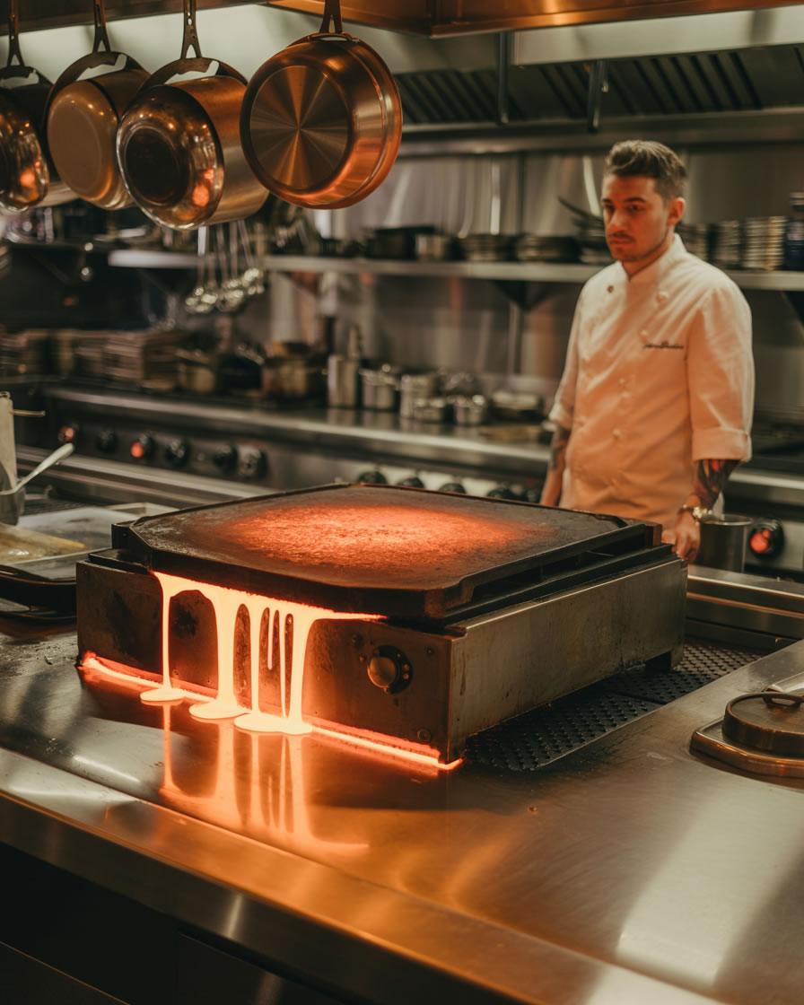 Plancha encendida sin uso en una cocina profesional, mostrando el desperdicio energético en restaurantes.