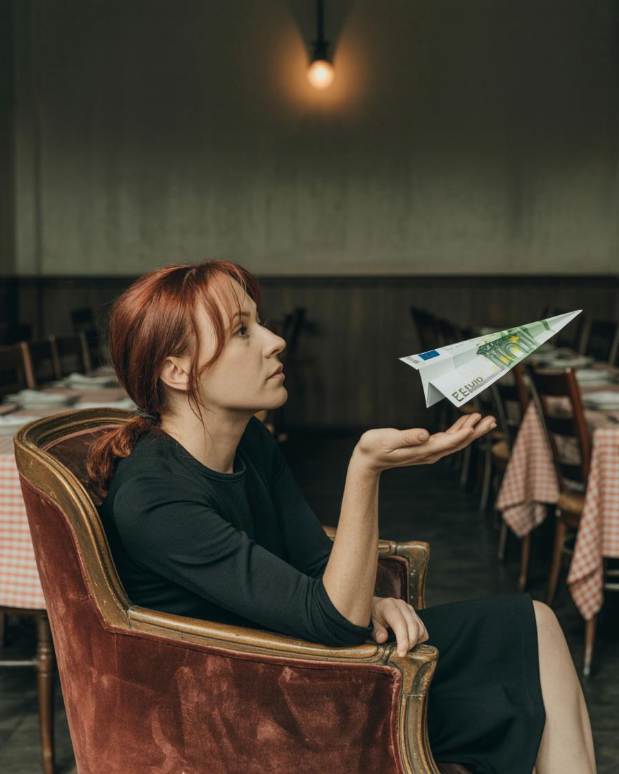 Dona en un restaurant buit llençant un avió de paper fet amb bitllets.