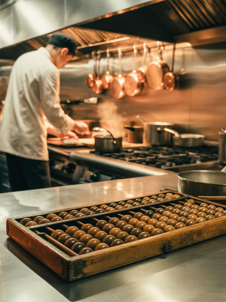 Cocinero en cocina con ábaco simbolizando control de resultados y salarios variables
