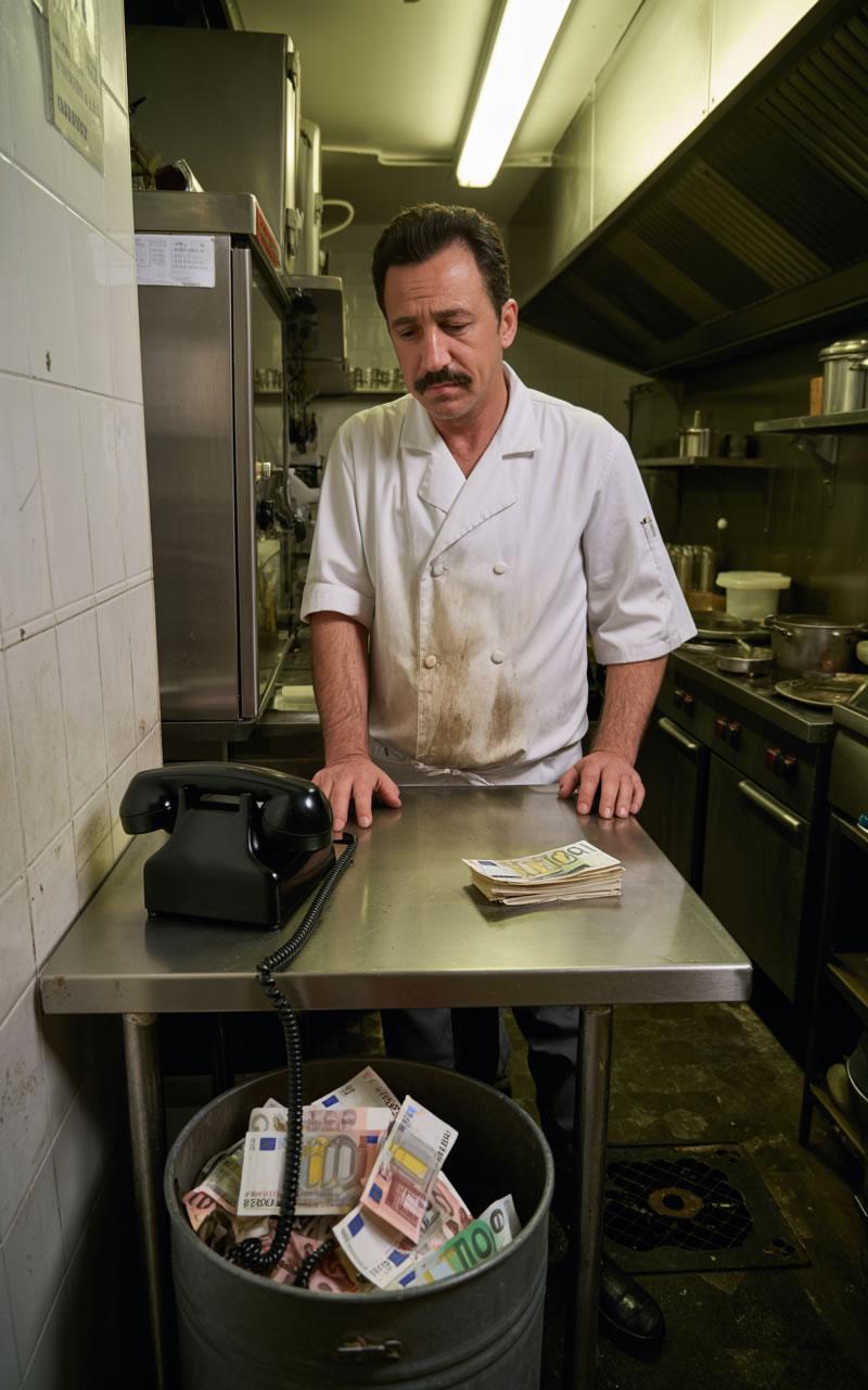 Chef cansado frente a una mesa de cocina con dinero y un teléfono, pensando en la consultoría como gasto