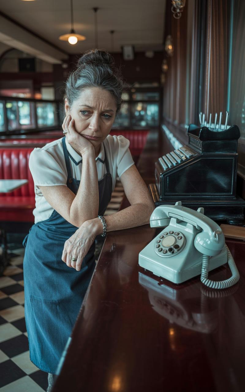 Camarera preocupada junto a un teléfono antiguo, esperando consejo externo para resolver problemas del restaurante
