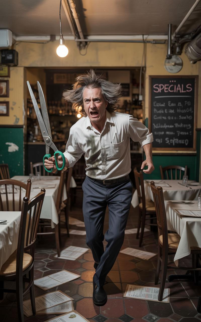 Restaurador corriendo con unas tijeras gigantes en el comedor del restaurante, símbolo de recortes desesperados