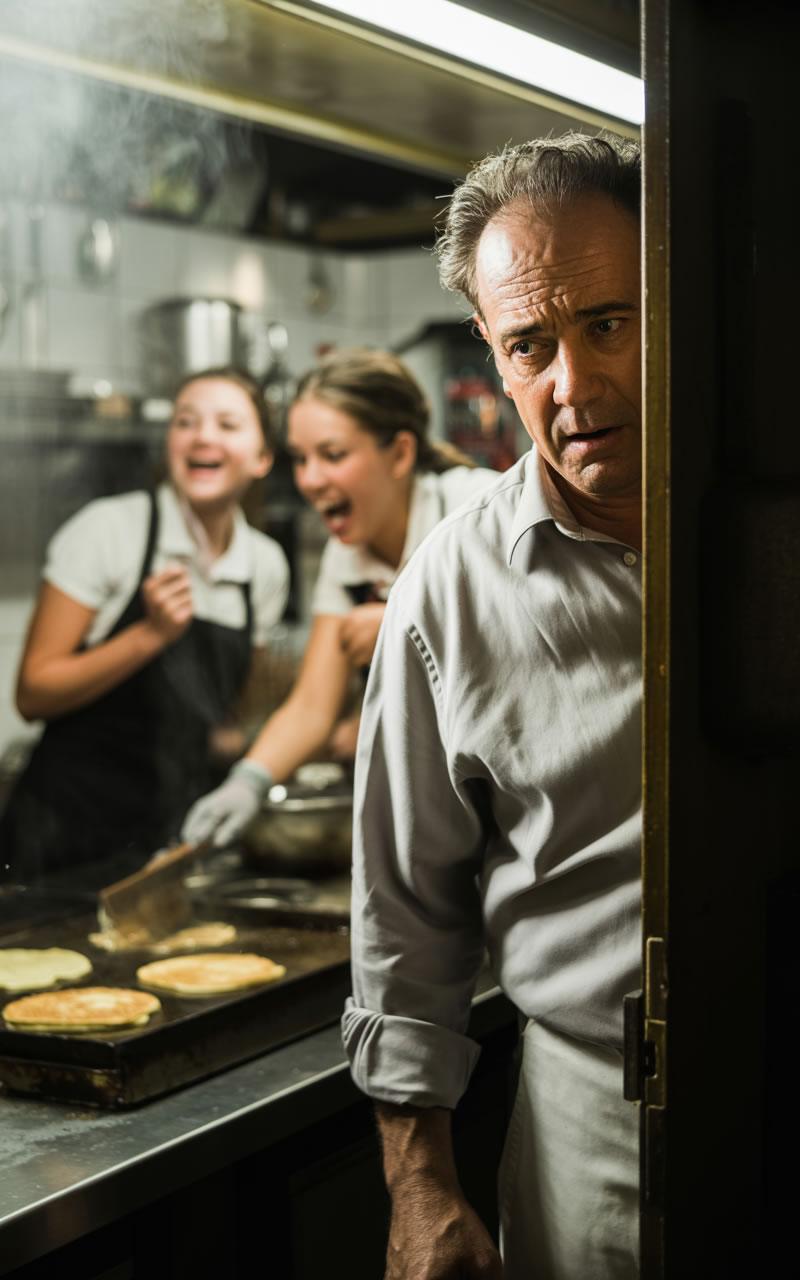 Restaurador preocupado observa a su equipo distraído en la cocina, reflejo del problema de personal en hostelería