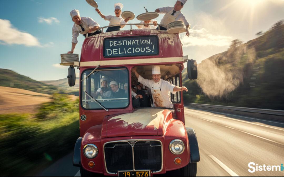 Equipo de cocina viajando en un autobús rumbo a un mismo destino gastronómico