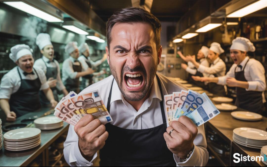 Restaurador mostrando billetes con enfado en una cocina llena de tensión