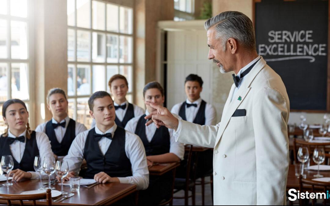 Formación del equipo de camareros dirigida por el maître en un restaurante