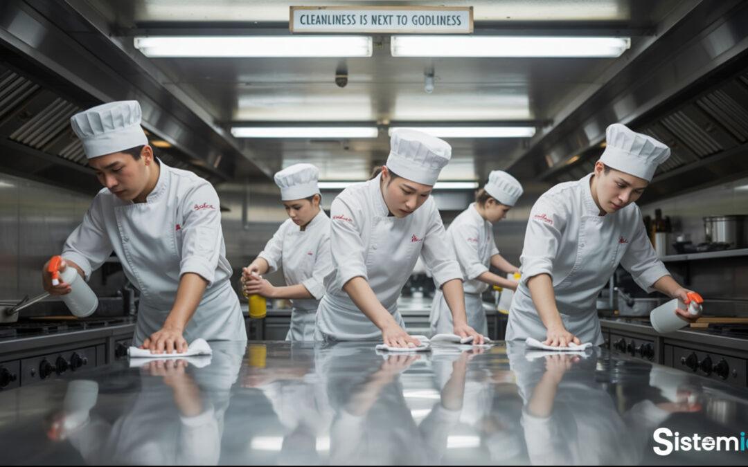 Equipo de cocina profesional limpiando y aplicando protocolos APPCC