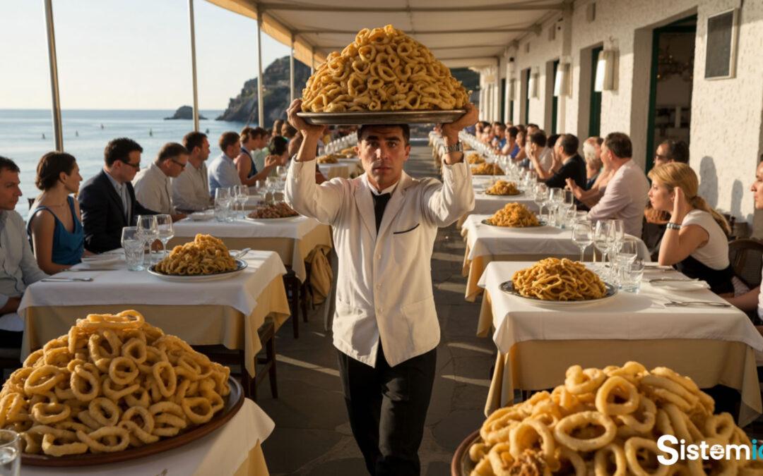 Camarero llevando una gran bandeja de calamares fritos en un restaurante lleno de mesas con platos de calamares.