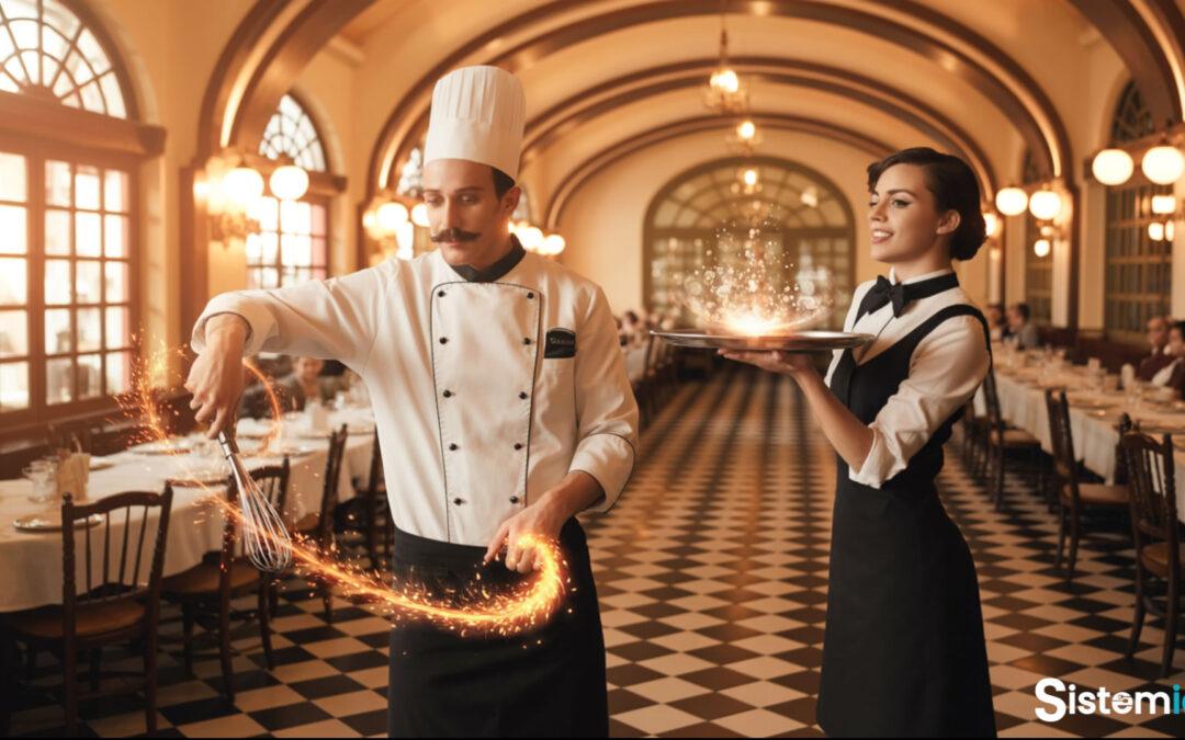 Chef y camarera creando una experiencia mágica en un restaurante elegante