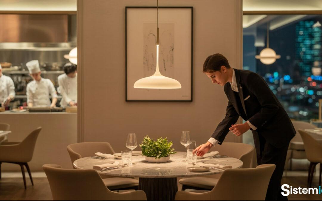 Camarero preparando una mesa elegante antes del servicio en un restaurante