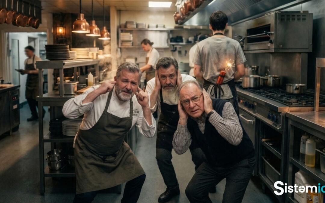 Empresarios de restaurante evaluando una incorporación urgente durante la temporada alta mientras un nuevo trabajador representa un riesgo operativo en la cocina.