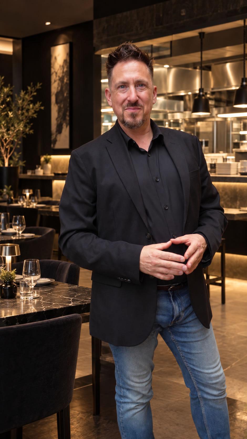 Bru Morant, consultor de restaurants, amb americana i camisa negra.