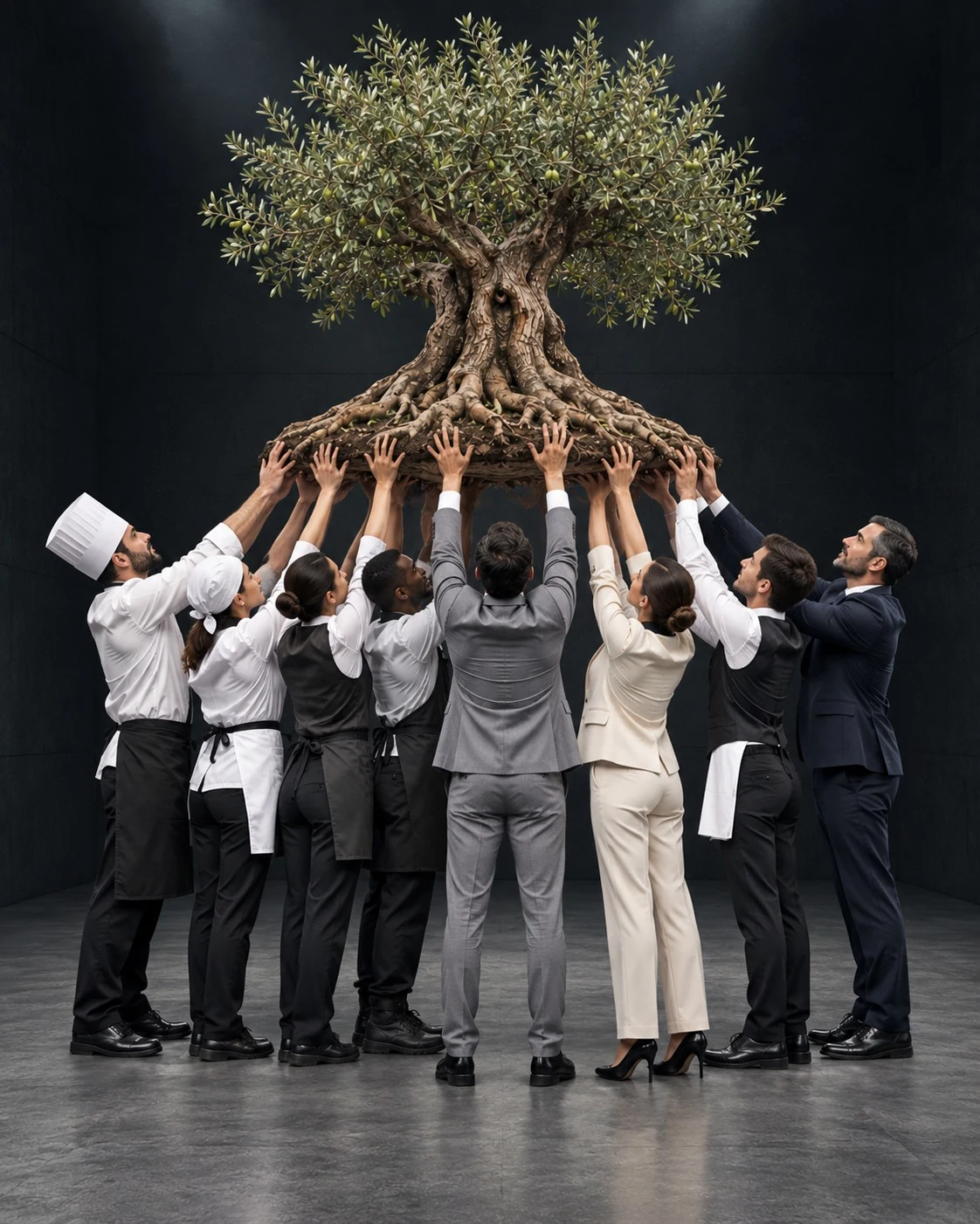 Professionals de diferents oficis sostenint una olivera, com a metàfora de l’ecosistema de col·laboradors de Sistemics2.