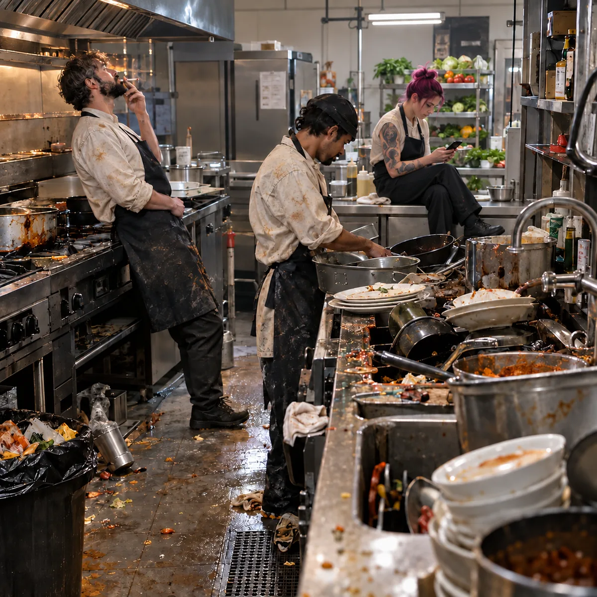 Consecuencias de una mala gestión del restaurante Equipo desmotivado en una cocina de restaurante sucia y desorganitzada